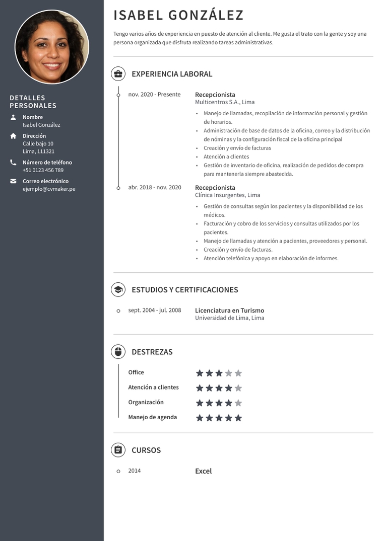 CV de recepcionista