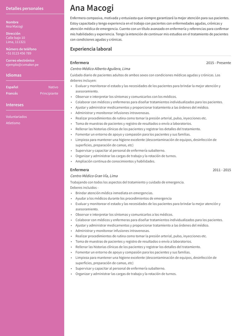 CV de enfermera CV de enfermera